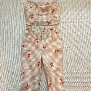 Anthropologie Tan and Red Anchor Print Jumpsuit